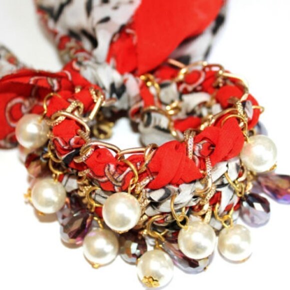 Leopard Red Black White Tie Wrap Bracelet or Choker Pearl Crystal Beaded - Picture 3 of 4